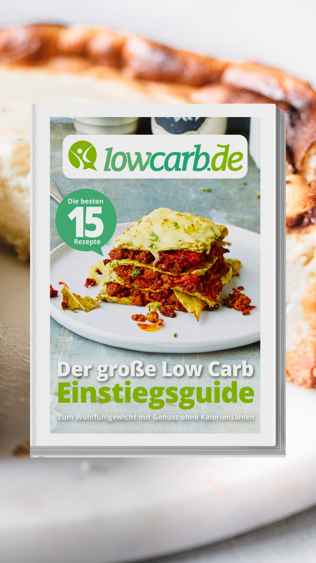 Ein E-Book von lowcarb.de mit 15 Rezepten und dem titel: der große low carb einstiegsguide
